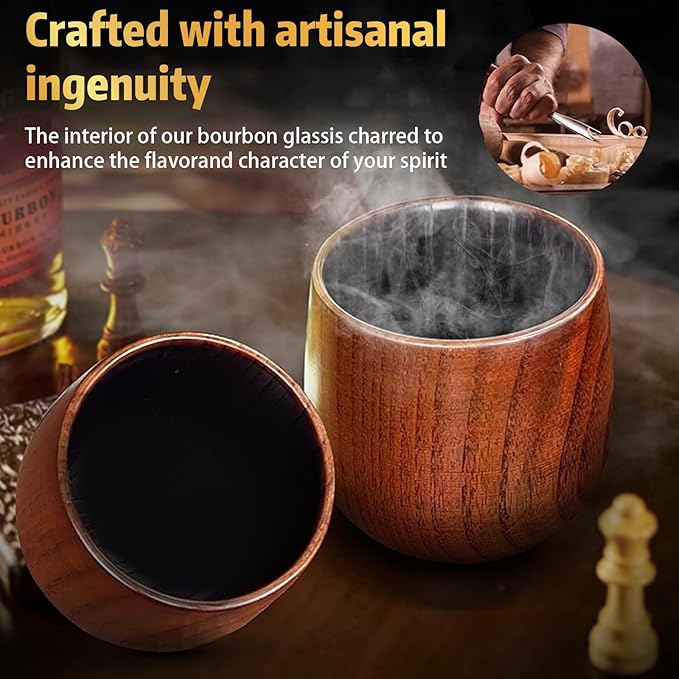 Bourbon Gifts for Men Handcrafted Charred Wooden Whiskey Glass, Wood Whiskey Glass - 10 oz old Fashioned Glass Cups for Bourbon, Perfect Christmas Gifts for Men, Dad, Husband, Brother (2 Pack）