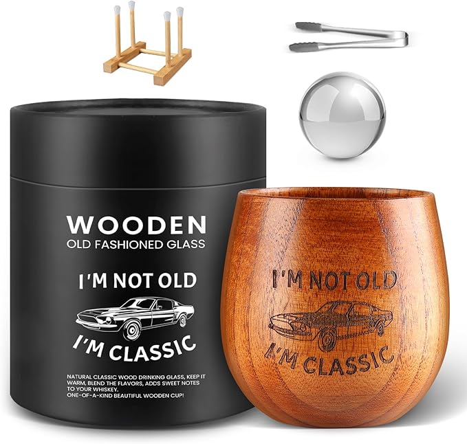 GENUINED Engraved Wooden Whiskey Glasses, Bourbon Gifts for Men, Dad Birthday, Retirement, Christmas Gifts, Old Fashioned Wood Bourbon Drinking Glass(1 Pack)