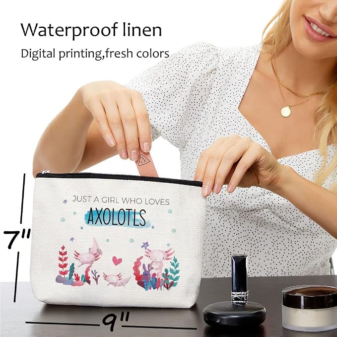 Blue Leaves Axolotl Makeup Bag Cosmetic Bag | Portable Travel Organizer Toiletry Cosmetic Pouch with Zipper, Gifts for Women, Just A Girl Who Loves Axolotls