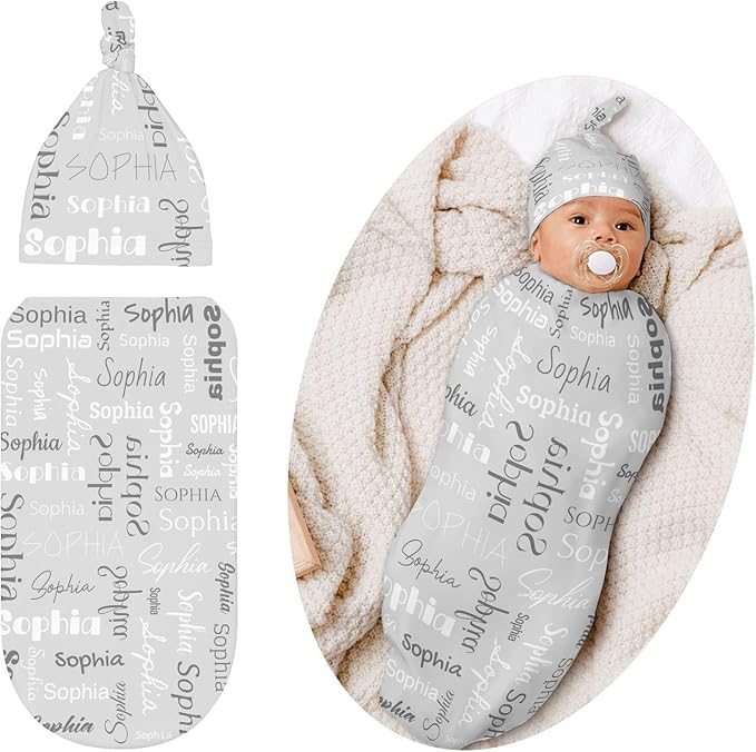 Personalized Baby Swaddle Blanket for Boys Girls Name Lettering Grey Custom Name Receiving Soft Blanket with Cap for Newborn Girls and Boys Soft Sleeping Sack