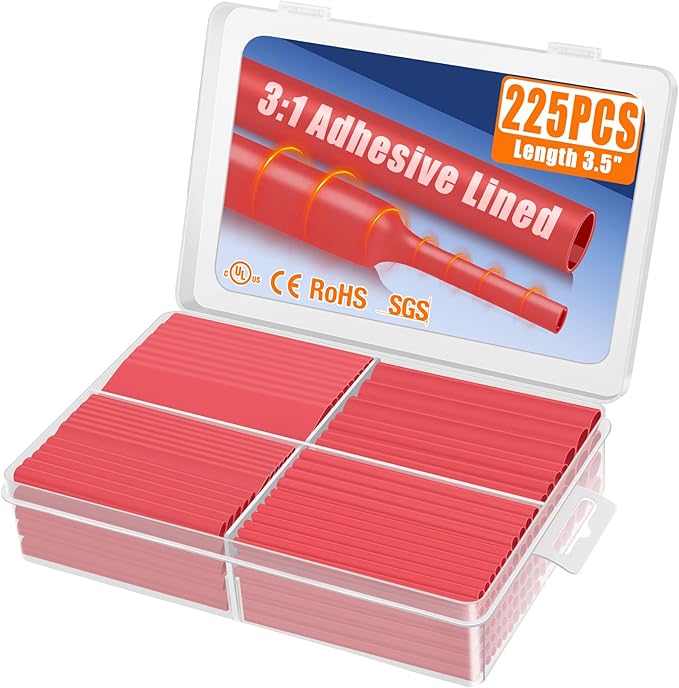 XHF UL Listed 225 Pcs 3:1 Waterproof Heat Shrink Tubing Kit Marine Grade Adhesive Lined Heat Shrink Tube, Insulation Sealing Oil-Proof Wear-Resistant Red