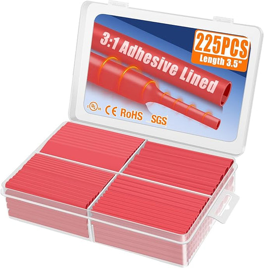 XHF UL Listed 225 Pcs 3:1 Waterproof Heat Shrink Tubing Kit Marine Grade Adhesive Lined Heat Shrink Tube, Insulation Sealing Oil-Proof Wear-Resistant Red
