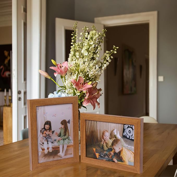 Double Vertical And Horizontal 5X7 Hinged PS Family Picture Frame Collage For Desktop or Tabletop (Wood Grain 5775)