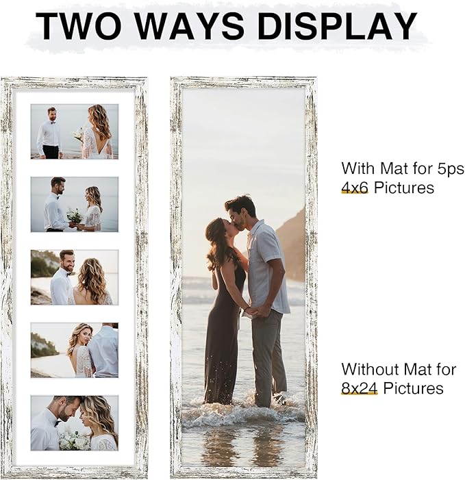 Vittanly 8x24 Collage Picture Frame, Displays 5Pcs 4x6 Pictures with Mat or 1Pcs 8x24 without Mat, Picture Frames Collage Wall Decor for Horizontal or Vertical Display, Distressed White, 1 Pack