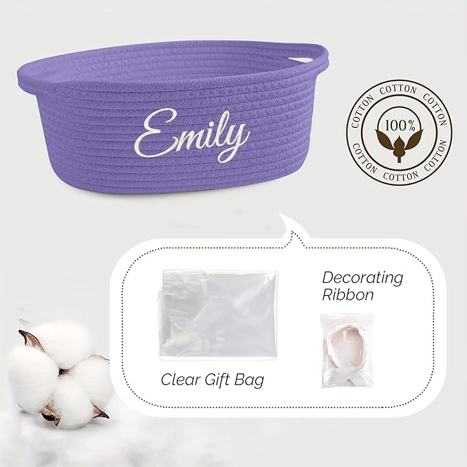 HUTARIO Personalized Woven Basket Embroidered Name with Gift Bags and Ribbons,Empty Small Rope Basket，Durable Storage Custom Purple Basket with Handles for Baby Showers,12"×8"×5"