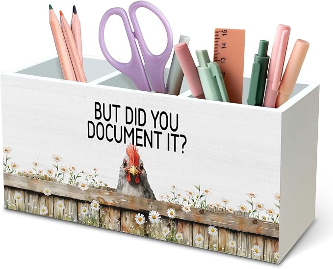 DILSJ Inspirational Chicken Pen Pencil Holder Organizer for Desk, Chicken Lovers Gifts for Women, But Did You Document It Wooden Box Signs for Home Office & School Supplies