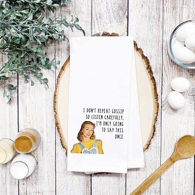 Andaz Press Funny Retro Kitchen Towel, Flour Sack Tea Towel, I Don't Repeat Gossip So Listen Carefully, Funny Birthday for Mom, Daughter, Grandma, Sister, Friend, Women, Gag Gift
