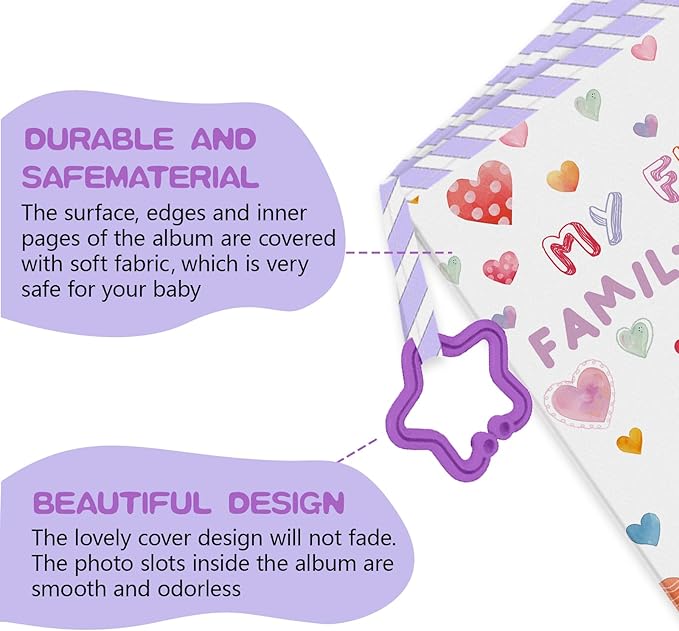 Baby Photo Album, My First Family Soft Photo Album For Baby, Raining Hearts Babies Cloth Photo Book Memory Keepsake Shower, First Year Babies Gift Pictures Holds for Newborn Toddler Kids 5.5x7inches