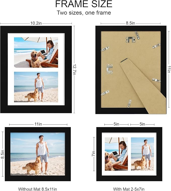 8.5x11 Picture Frame Set of 2, Black Certificate Document Frames with Glass Collage Frame, Display Pictures Two 5x7 With Mat or 8.5 x 11 Without Mat - Horizontal or Vertical Wall Mounting
