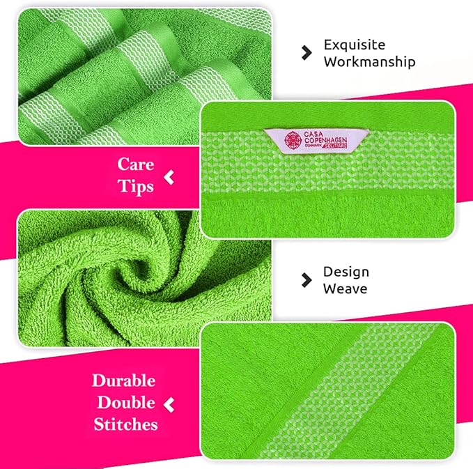 CASA COPENHAGEN Designed in Denmark 600 GSM 2 Large Bath Towels 2 Large Hand Towels 2 Washcloths, Super Soft Egyptian Cotton 6 Towels Set for Bathroom, Kitchen & Shower - Lime Green