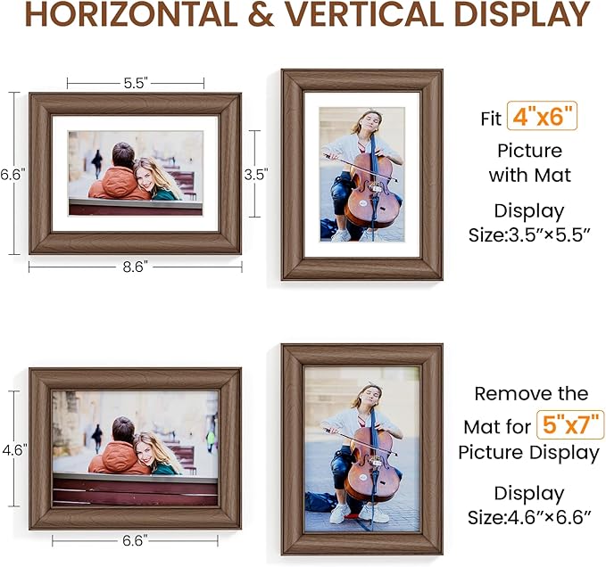 Natural Walnut 5x7 Picture Frames Mat to 4x6 Picture Display Set of 3,Original Wood Handcrafted 5x7 Wooden Photo Frame with Tempered Glass Graduation Family Wedding Pictures Tabletop & Wall Decor