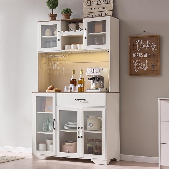 Fatmok 71" Pantry Cabinet with Wine Rack and Charging Station, Set of 2 Tall Coffee Bar Cabinets with LED Lights, Drawer, Adjustable Shelves, Kitchen Hutch Storage,Off-White