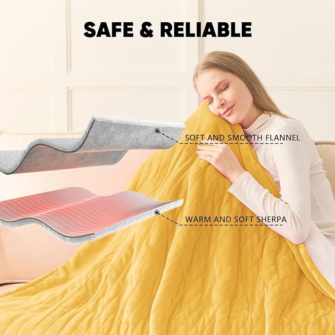 greenoak Heated Blanket Electric Throw 50"X60", Heating Blankets with 10 Heat Levels 8 Hours Auto-Off, Soft Flannel Sherpa Fluffy House Warming Gifts for Grandma Seniors Mom,Ginger Yellow
