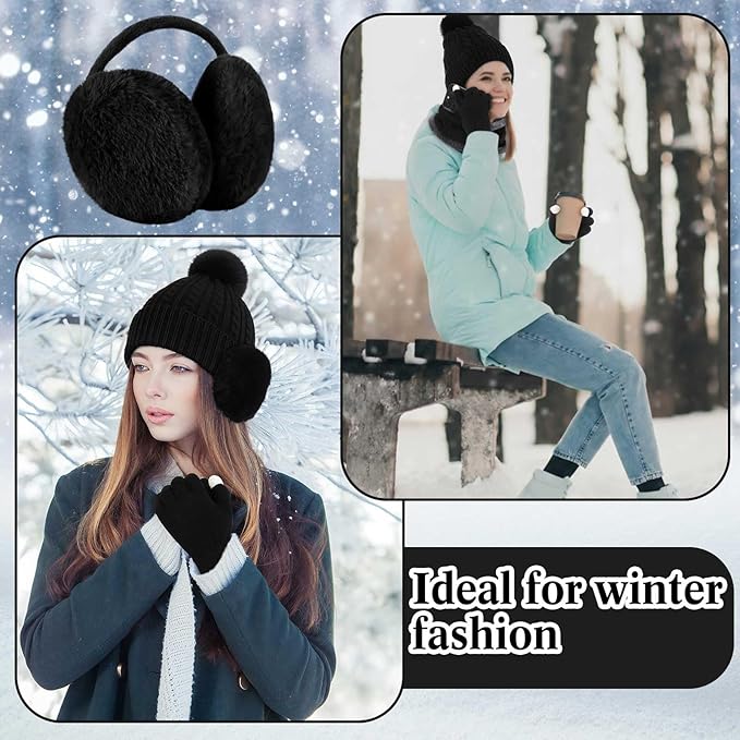 SATINIOR 5 Pcs Winter Satin Lined Hat Scarf Gloves Set Knit Pompom Beanie Warm Touchscreen Glove Earmuff Ear Warmer for Women