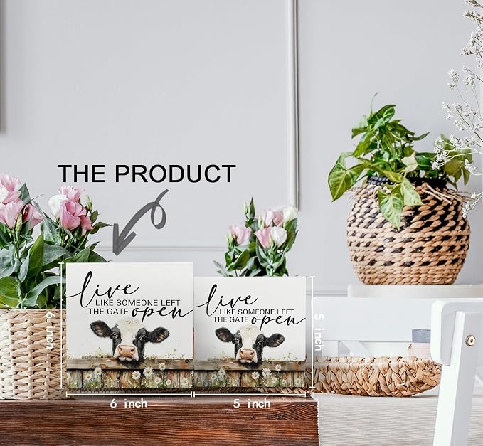 Cow Signs - Farm Cottagecore Animal Office Kitchen Bedroom Decor,Rustic Farmhouse Live like Someone Left the Gate Open Home Decor Wooden Signs,Cow Gifts for Women,6x6