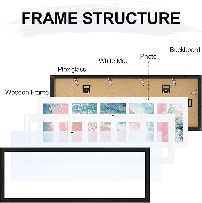 Vittanly 8x24 Collage Picture Frame, Displays 5Pcs 4x6 Pictures with Mat or 1Pcs 8x24 without Mat, Picture Frames Collage Wall Decor for Horizontal or Vertical Display, Black, 1 Pack
