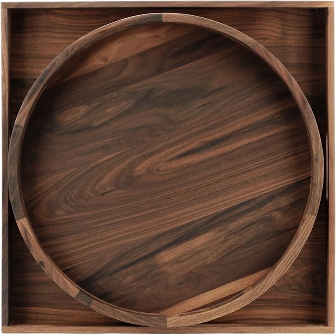 Set of 2 Large Black Walnut Wood Ottoman Tray with Handles, Serve Tea, Coffee, Classic Wooden Decorative Serving Tray (19 inch Square &18 inch Round)