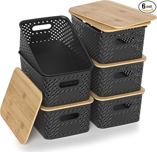 Plastic Storage Bins with Bamboo Lids, Stackable Small Box Baskets for Organizing and Containers for Shelves Drawers Desktop Closet Pantry Classroom Office Home, 6 Pack 10.2x7.2x4.1 Inch, Black