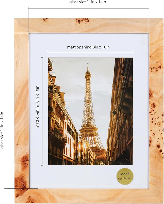 Concepts - 11X14 Burl Wood Picture Frames Matted To 8x10 -Natural Wood Finish Picture Frames for Family Photos - Elegant Wallhung Decor in Bulk