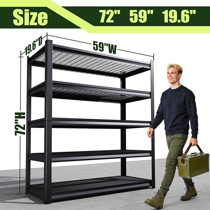 Garage Shelving, Heavy Duty Garage Shelves, Adjustable Metal Shelving Unit, Easy Assembly Garage Storage Shelves, 3000LBS Storage Rack Shelf for Garage, Basement, 72" H x 59" W x 19.6" D