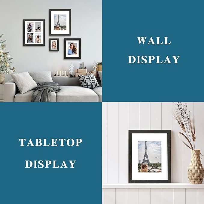 4x6 Picture Frame Set of 4, Made of Real Glass and Rustic Black Wooden Frame, 4 by 6 Photo for Wall or Tabletop - Display Picture 3.5x5 with Mat or 4x6 Without Mat