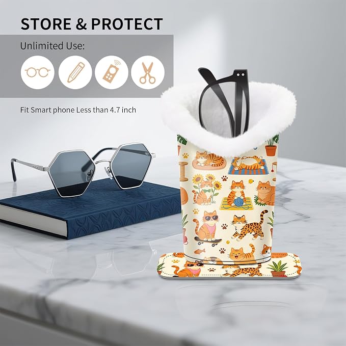 Plush Lined Eyeglasses Holder, Cute Magnetic PU Leather Glasses Stand Case for Women Men Kids