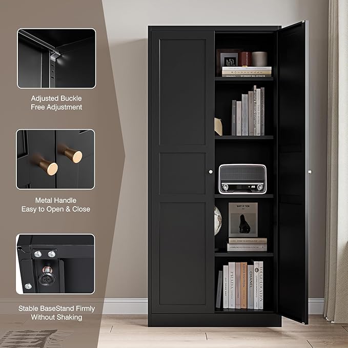 Yizosh Metal Storage Cabinet with 2 Doors and 5 Adjustable Shelves - 71" Black Kitchen Pantry Storage Cabinet, 5-Tier Tall Steel Cabinet Locker for Kitchen, Living Room, Dining Room