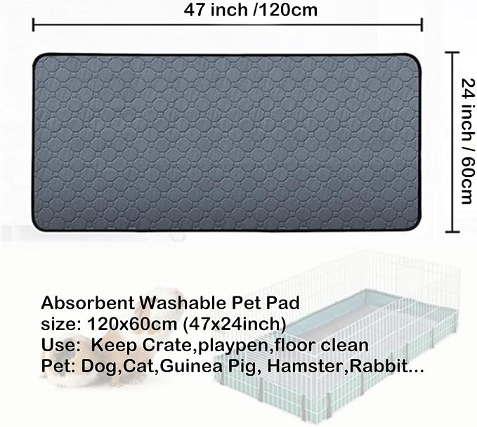 Guinea Pig Cage Liners, Washable Pee Pads for Odor Control, Fast Absorbent Waterproof, Mat for Hamster, Rabbit, Bunny, Rat, Chinchilla - 23"x47"