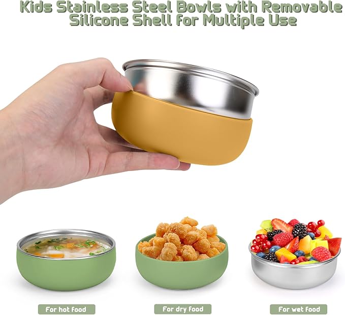 ShineMe Baby Bowls 2 Pack, Stainless Steel Bowls for Kids with Detachable Thick Colored Silicone Shell, Unbreakable Toddler Bowls for Soup, Cereal, Snack...
