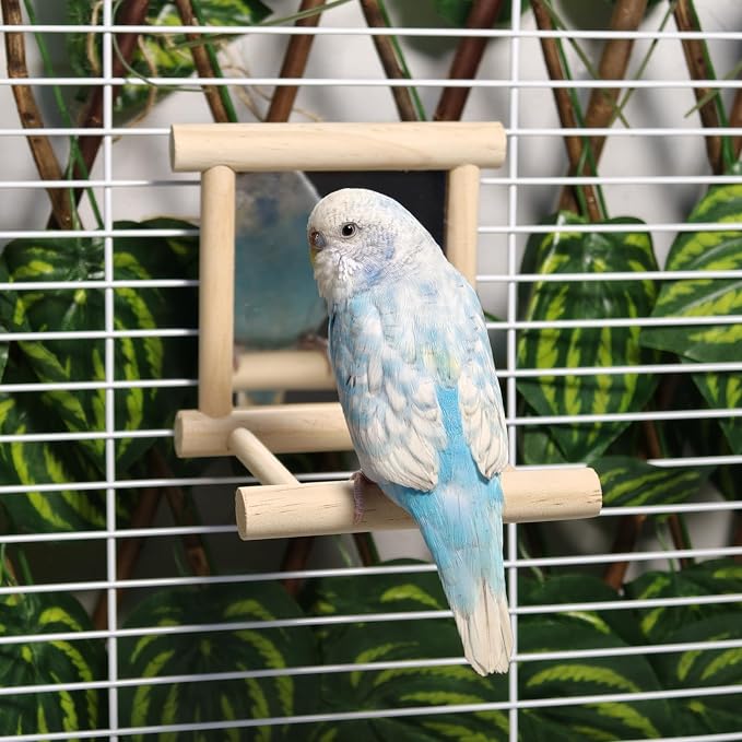 Bird Mirror Parakeet Mirror Perch Stand Wooden Swing Mirror Toy Cage Accessories for Cockatiel Parakeet Budgie Lovebird Small Parrots