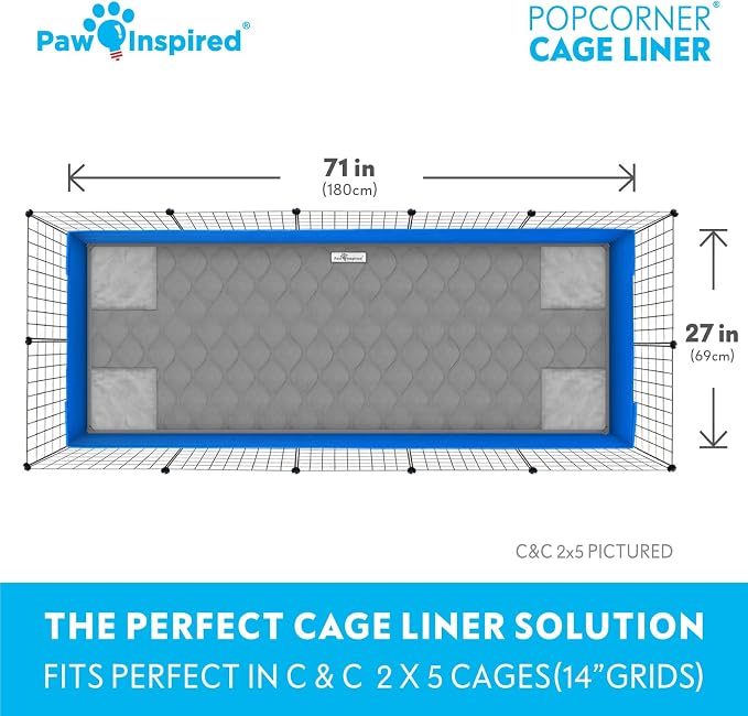 Paw Inspired PopCorner Washable Fleece Cage Liners, C&C 2x5, Gray | Reinforced Corners, Super Absorbent Mat, Bedding, Waterproof Bottom, Guinea Pigs, Ferrets, Rabbits, Hamsters, Small Animals