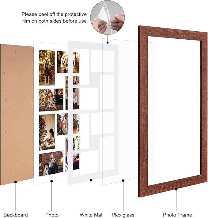 11.8x21.8 Picture Frame Display 8 opening 4X6 Picture Frame Collage,Multi Photo Frame with Mat,Plexiglass,Wall or Tabletop Decor,Walnut Wood Grain