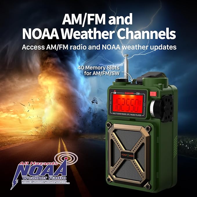 FosPower Emergency Weather Radio (Model D9) 14800mWh Power Bank, NOAA/AM/FM/Shortwave, Bluetooth 5.4, USB/Solar/Hand Crank Charging, Flash Light, SOS Alarm, IPX3 Rating for Indoor/Outdoor Emergencies