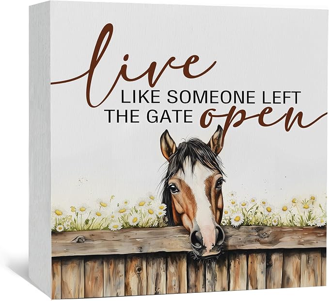 Horse Signs - Farm Cottagecore Animal Office Kitchen Bedroom Decor,Rustic Farmhouse Live like Someone Left the Gate Open Home Decor Wooden Signs,Horse Gifts for Women,8x8