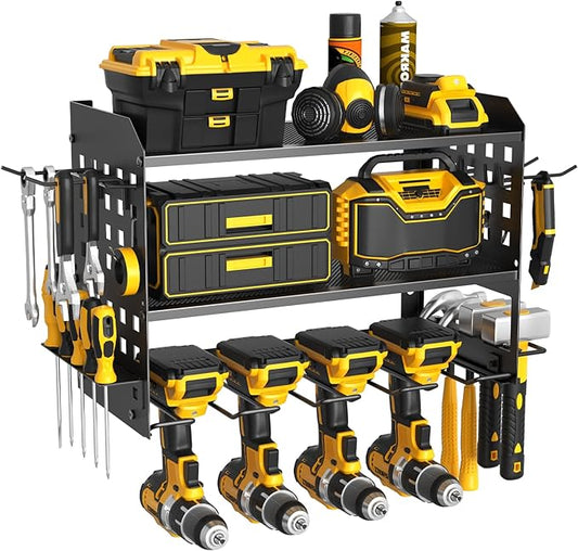 Power Tool Organizer, Heavy Duty Wall Mount Tool Organizer 3 Layers with 4 Drill Holders, Garage Tools Storage Rack with 2 Side Pegboards and Hooks for Workshop, Shed, Black