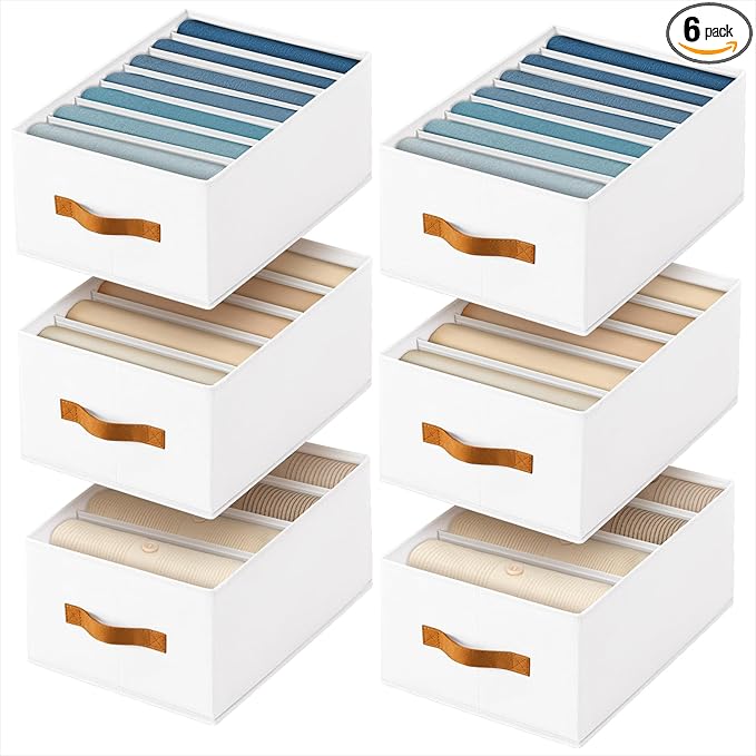 Clothes Organizers and Storage - 4/5/7 Grids Fabric Jeans Organizer with Handles, Foldable Closet Organizers Dividers, Wardrobe organizer for Pant, Sweater, T-shirt, Scarf, 6 Pack, White