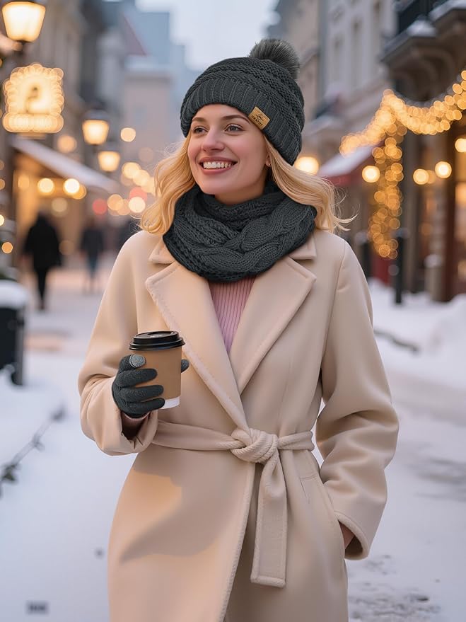 URATOT 4-In-1 Winter Warm Sets Knitted Scarf Touch Screen Gloves Beanie Pompom Hat and Winter Ear Warmer for Men or Women