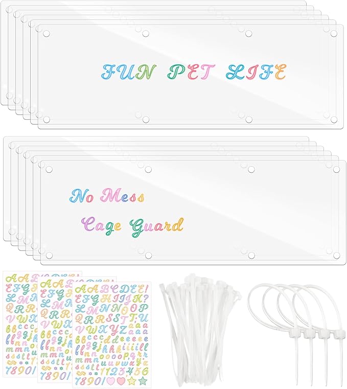 12 Pcs Clear Cage Guard, 13.8"x4.7" Scatter Guard for C&C Cages | Flexible Cage Liner with Zip Ties & Personalized Letter Stickers, Fits Rabbit Guinea Pig, Metal Wire Playpen, Cage Accessory