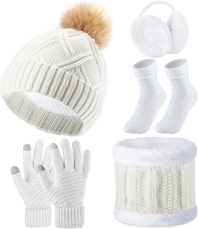 SATINIOR 5 Pcs Winter Hat Scarf Gloves Set Fleece Warm Lined Knit Beanie Hat Touch Screen Earmuff Gloves Warmer for Women(White,Stylish Style)