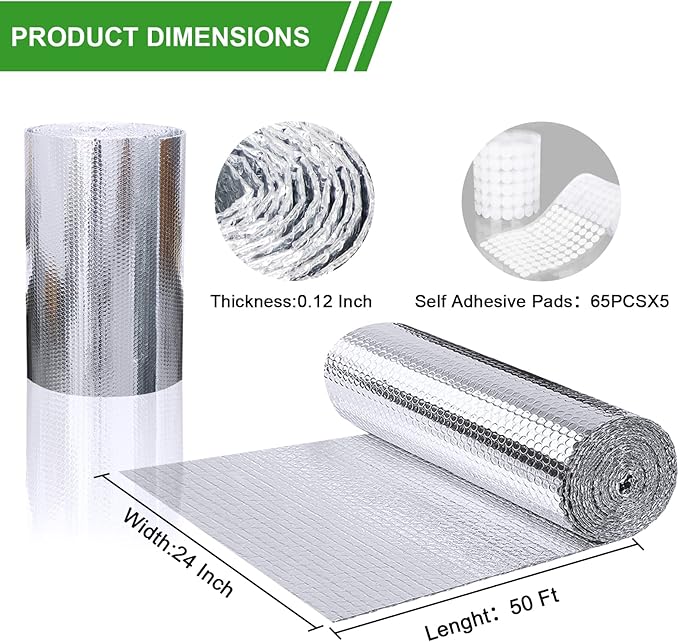 Reflective Insulation Roll, 24" x 50Ft, Aluminum, Radiant Barrier for Heat Insulation