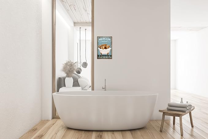 Funny Highland Cow Decor Vintage Bathroom and Bathtub Metal Tin Sign Decor Highland Cow Pet lovers Gift Farm Home Bar Bathroom Man Cave Retro Wall Art Poster Sign Accessories 8x12 In