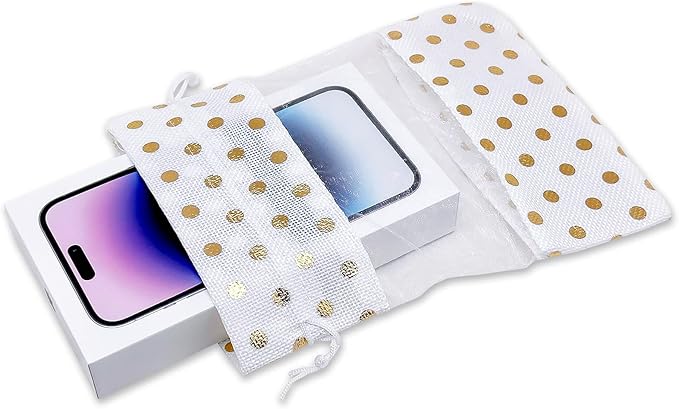 12-Pack Large Linen Burlap & Organza Gift Bags w. Drawstrings (6.5x8.5 in, White/Gold Polka) - Party Favors, Presents, Samples & Treats Mesh Pouch by The Display Guys