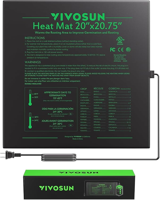 VIVOSUN Durable Waterproof Seedling Heat Mat 20" x 20.75" UL & MET-Certified Warm Hydroponic Heating Pad for Germination, Indoor Gardening, Greenhouse