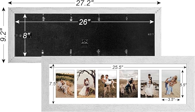 8x26 Picture Frame Display 6 opening 4X6 Picture Frame Collage,Multi Photo Frame with Mat,Plexiglass,Wall or Tabletop Decor,Distressed White Wood Grain