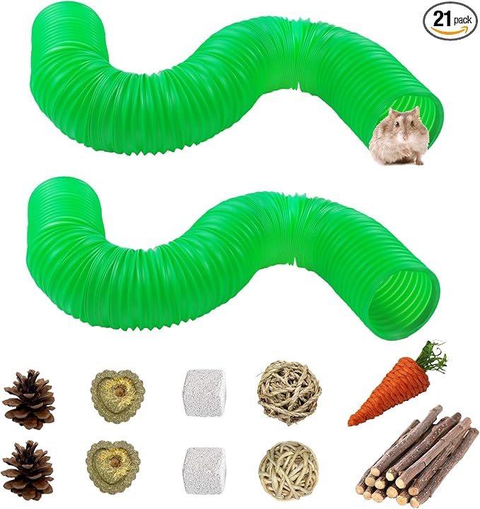 PINVNBY Plastic Tunnel for Hamster,2 PCS Guinea Pigs Tunnels with 19 PCS Chew Toy Collapsible Ferret Hideout Tubes Small Animals Cage Accessories for Hamsters Mouse Rat Gerbils Rats Mice(Green)