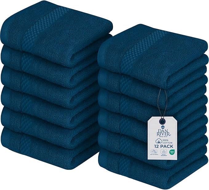 DAN RIVER 12-Pack Premium 100% Cotton Blue Opal Face Towels – Reusable Face Towel Set, Soft & Absorbent face Towel for Showering – Hand and Face Towels, 550 GSM (12x12 in)
