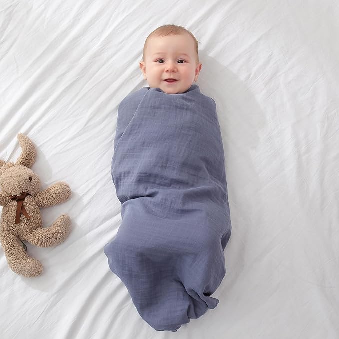 Muslin Swaddle Blankets, Baby Swaddle Blanket, Large 47 x 47 inches Muslin Baby Blanket wrap for Baby Boys and Girls, 4 Pack, Solid Color, Grey Blue White Green