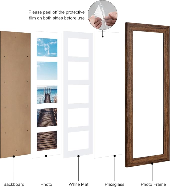 8x24 Picture Frame Display 5 opening 4X6 Picture Frame Collage,Multi Photo Frame with Mat,Plexiglass,Wall or Tabletop Decor,Carbonized Brown Wood Grain