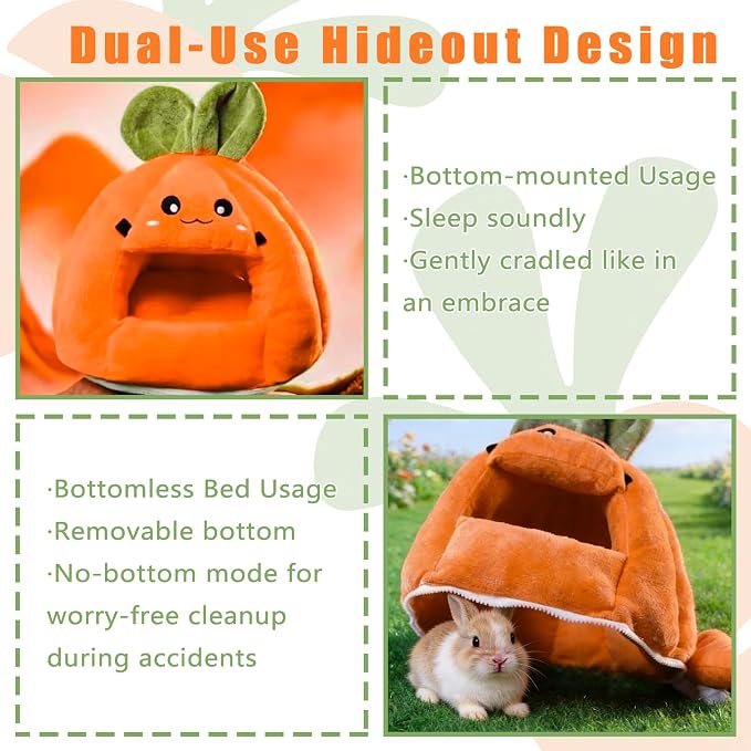 Guinea Pig Hideout, Cute Carrot Shape Bunny Bed with Warm Fleece Washable Hamster Bed Rat Cage Accessories Small Animal Houses for Dwarf Rabbit Chinchilla Hedgehog (M)
