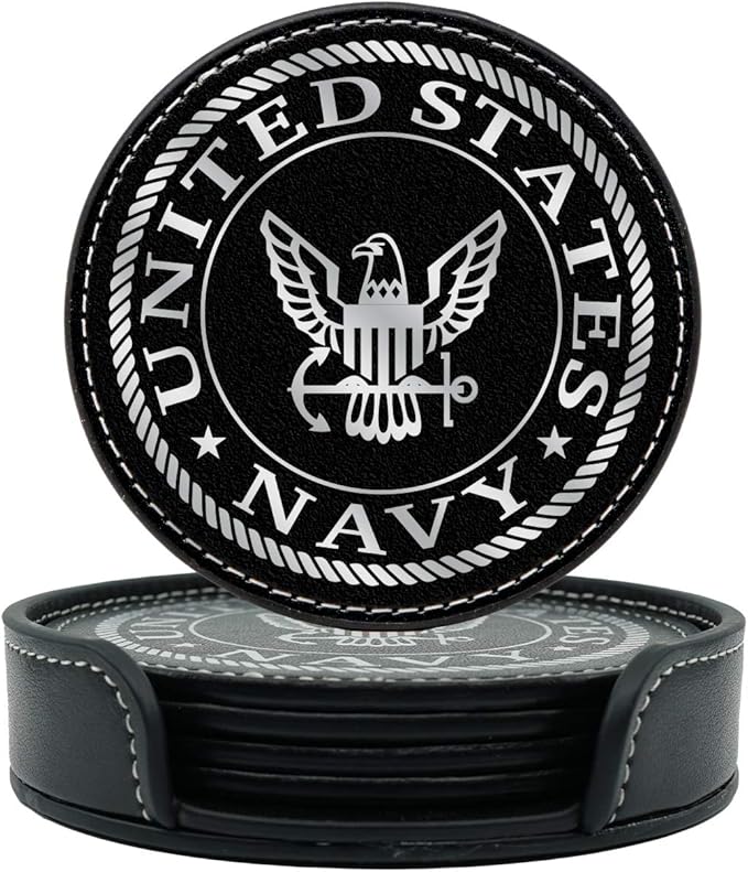 US Navy Leather Coaster Set - 4 Premium Coasters with Hot Stamped Foil Logo - Navy Gifts for Sailors | Disabled Vet Owned Business